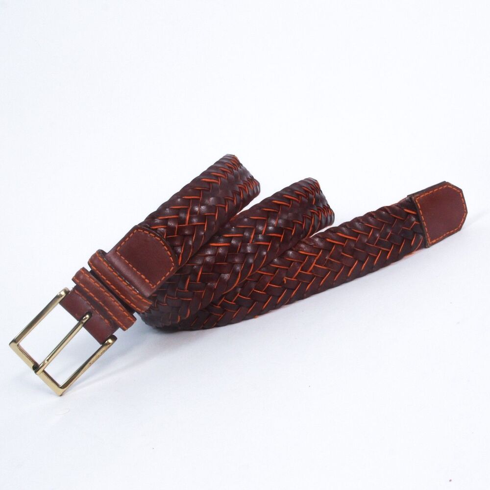 Barneys New York Mens Size 36 Woven Braided Leather Belt Brown Solid Brass Italy